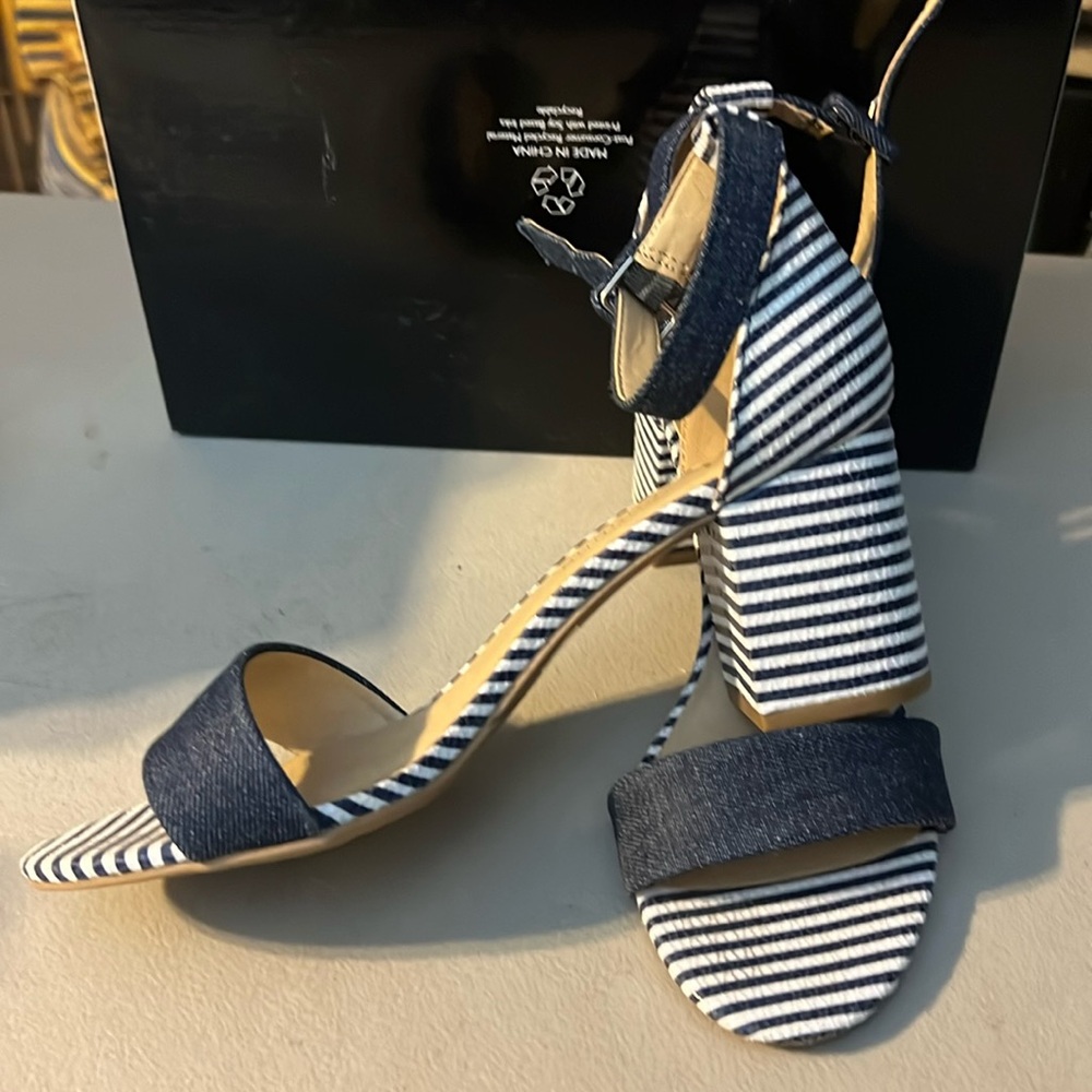 Blue and white stripped heels with Jean strap